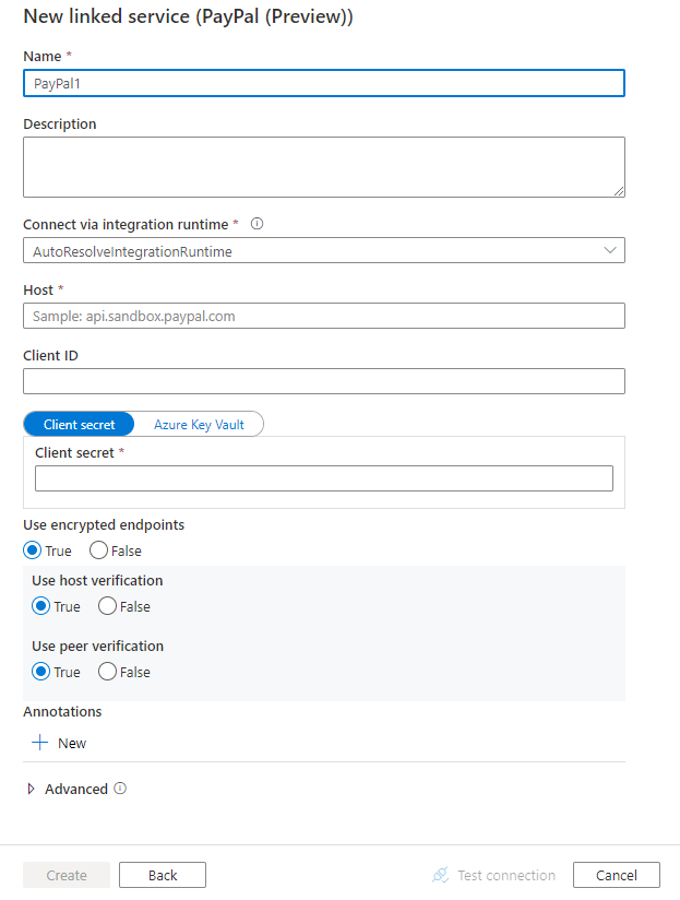 Capture d’écran de la configuration du service lié pour PayPal.