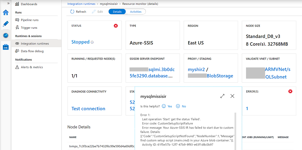 Supervision de votre IR Azure-SSIS – Vignette ERREUR