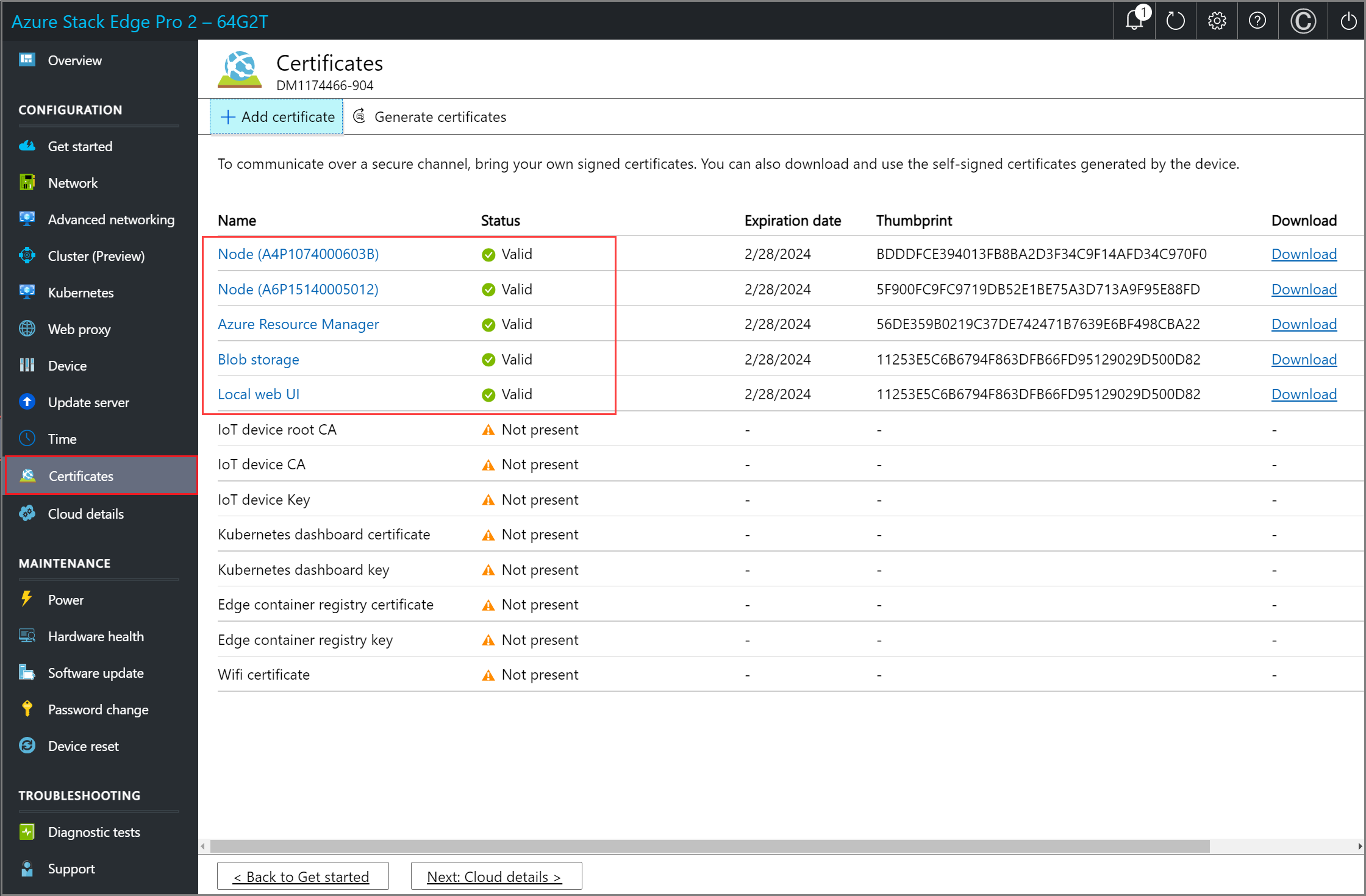 Screenshot of the Certificates page in the local web UI of Azure Stack Edge. The Certificates menu item is highlighted.