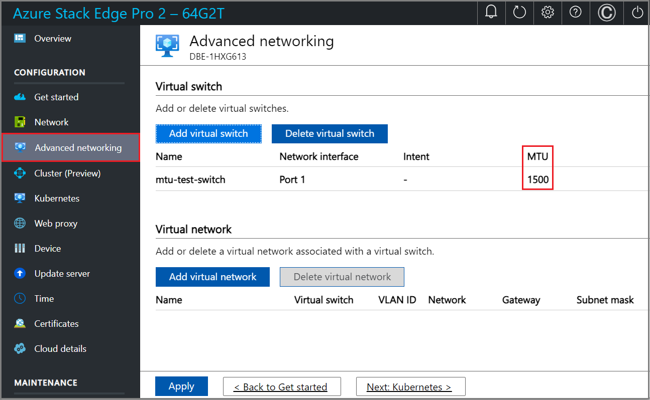 Capture d’écran du paramètre MTU dans Mise en réseau avancée de l’interface utilisateur locale.