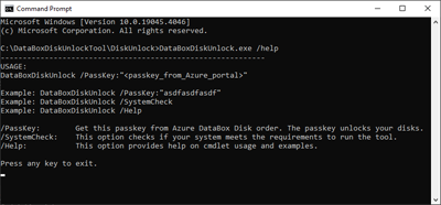 Capture d’écran illustrant la sortie de la commande Aide de l’outil de déverrouillage Data Box.