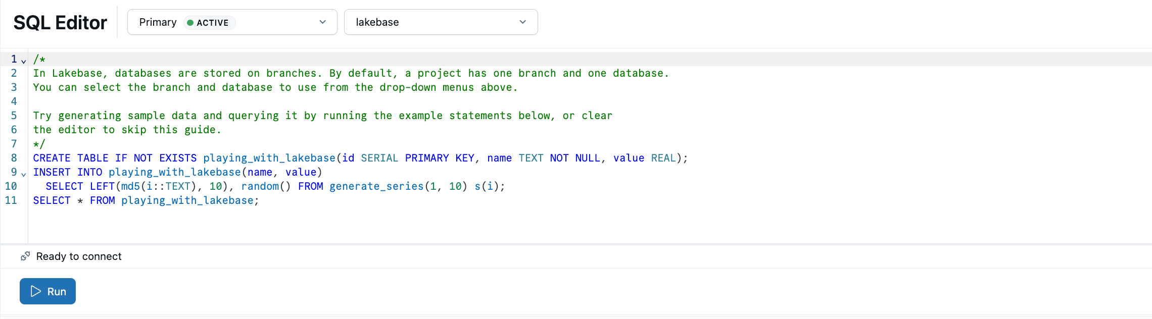 Éditeur SQL avec l’exemple SQL préchargé