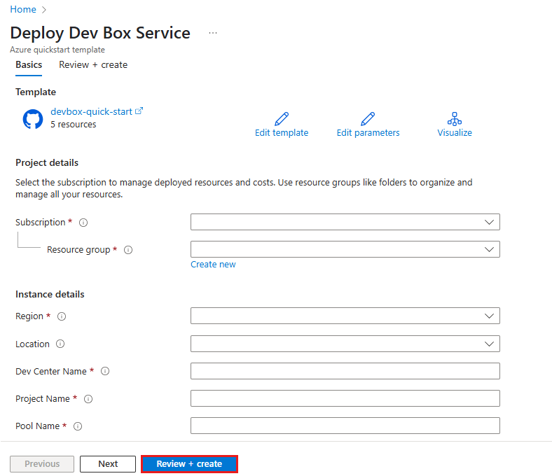 Capture d’écran de l’onglet Informations de base dans le modèle De prise en main, montrant les champs pour l’abonnement, le groupe de ressources et la sélection de la région.