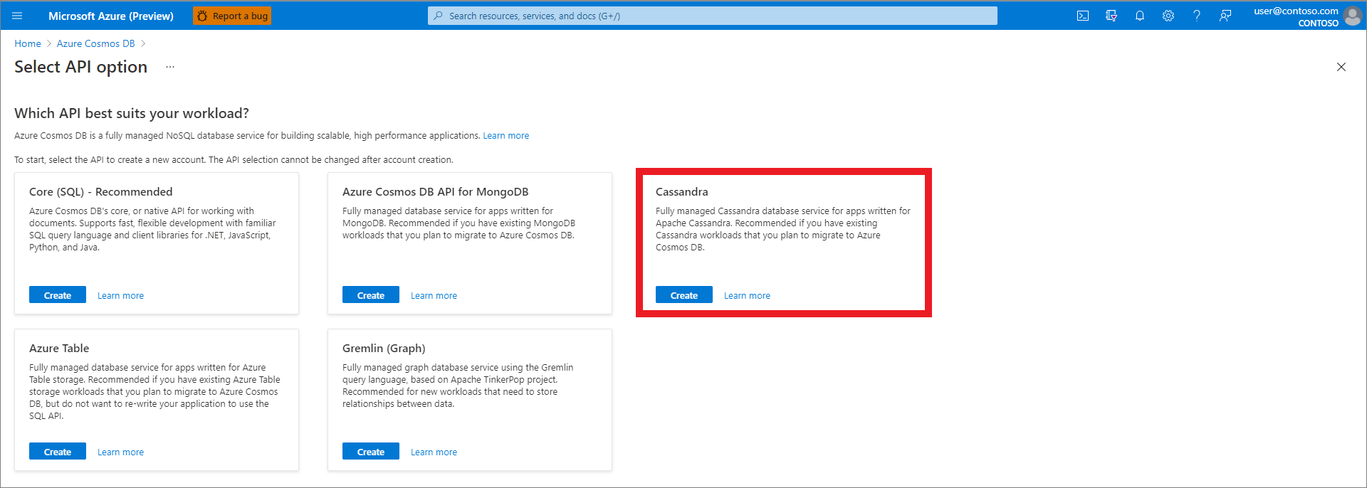 portail Azure, créez une ressource, sélectionnez l’option API, Cassandra sélectionnée.