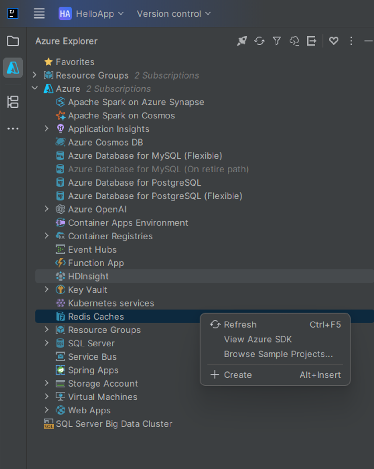 Menu Créer un cache Redis