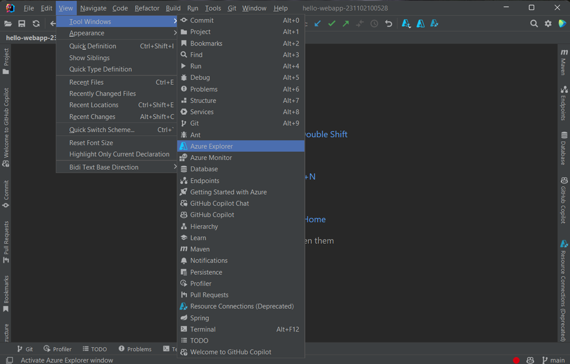 Afficher la fenêtre outil Explorateur Azure