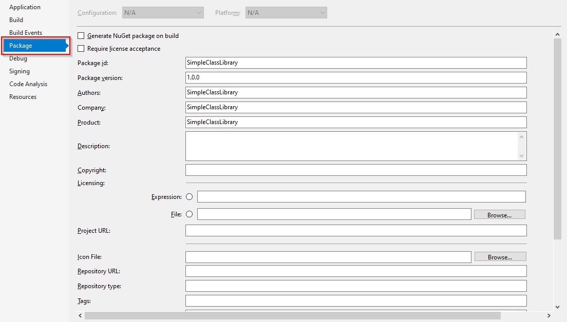 Configurer les propriétés de package