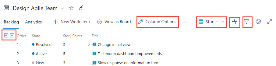 Capture d’écran montrant les quatre types d’options de l’outil de configuration Backlog.