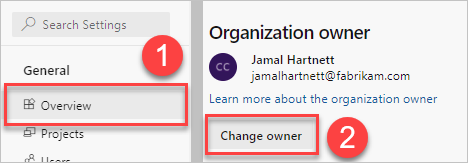 Screenshot showing Overview, and then Change owner buttons emphasized.