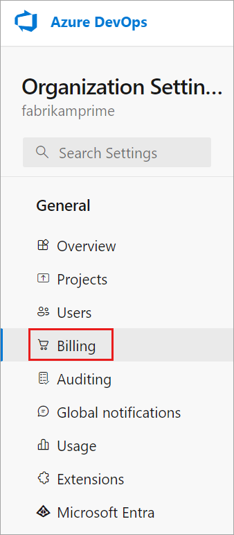 Capture d’écran montrant la sélection de facturation mise en évidence dans les paramètres de l’organisation.