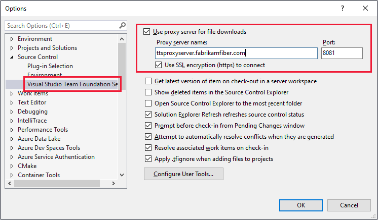 Capture d’écran de la page de configuration du proxy VS TFVC, boîte de dialogue Options.