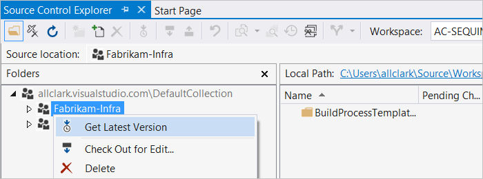 Capture d’écran de l’Explorateur de contrôle de code source montrant obtenir la dernière sélection de version.