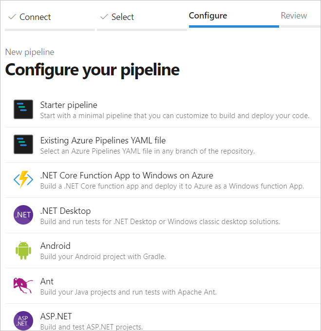 Liste des modèles à choisir pour configurer votre nouveau pipeline.