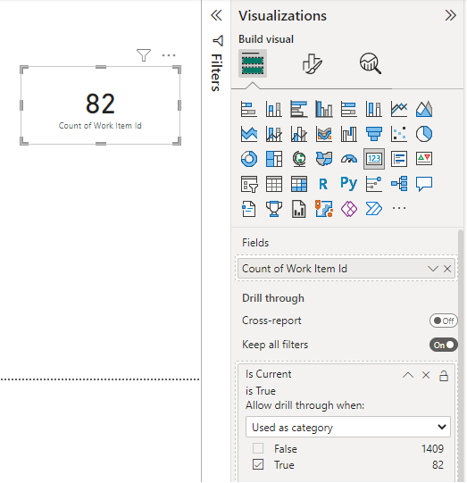 Capture d’écran de la page de rapport Power BI, nombre d’ID d’élément de travail filtré.