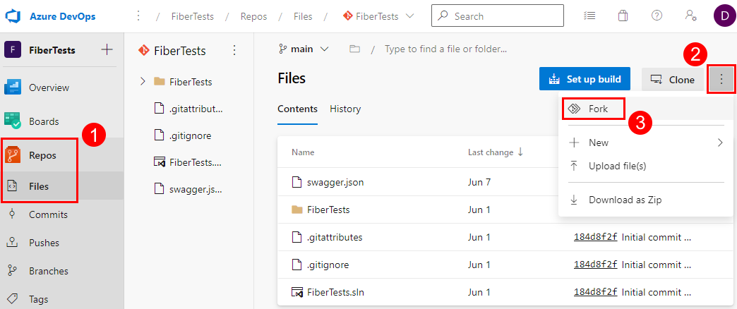 Capture d’écran de l’élément de menu Duplication (fork) dans le menu Autres actions de la page Fichiers de référentiel dans Azure Repos.