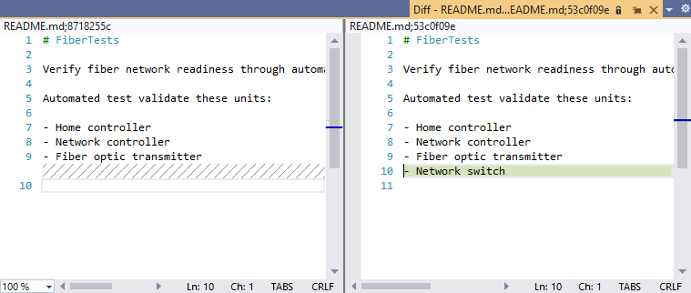 Capture d’écran de la fenêtre diff dans Visual Studio 2019.