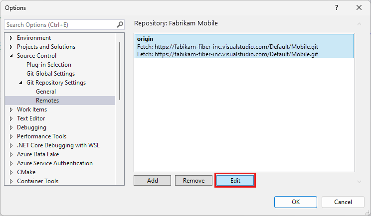 Capture d’écran montrant la boîte de dialogue Options avec l’option permettant de modifier les dépôts distants.