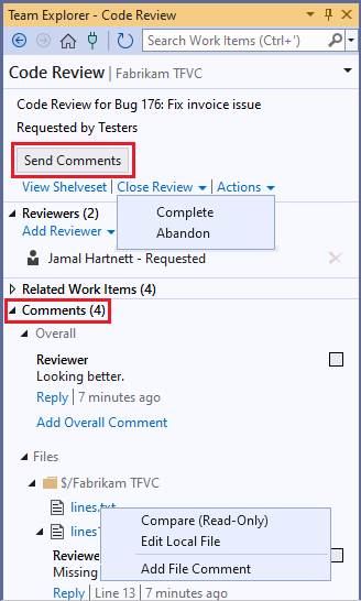 Capture d’écran de la réponse à une révision de code.