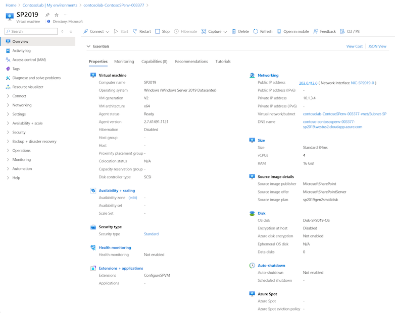 Capture d’écran qui montre les actions disponibles pour la machine virtuelle d’environnement sélectionnée.