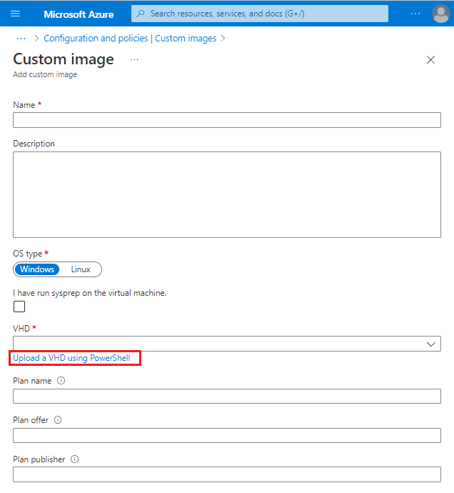 Capture d’écran montrant les paramètres de chargement d’un disque dur virtuel en utilisant PowerShell dans le volet Image personnalisée.