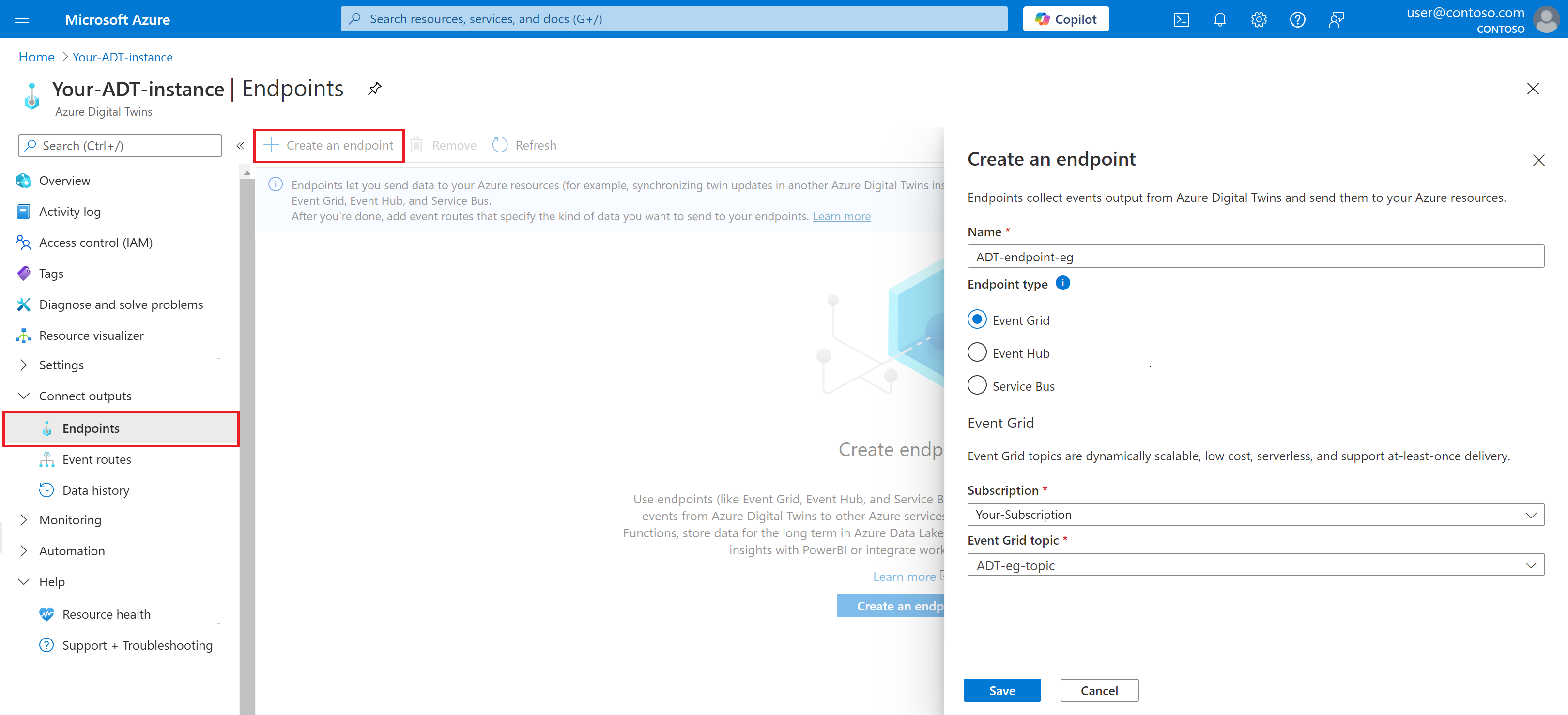 Capture d’écran de la création d’un point de terminaison de type Event Grid dans le portail Azure