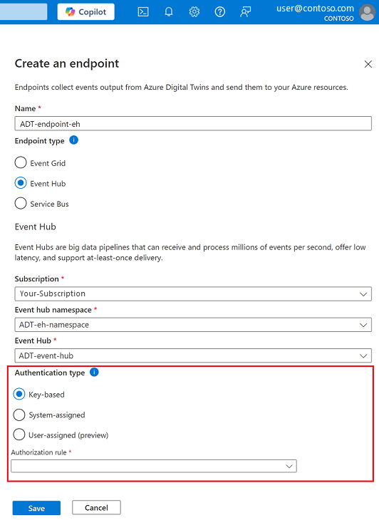 Capture d’écran de la création d’un point de terminaison de type Event Hubs dans le Portail Azure.