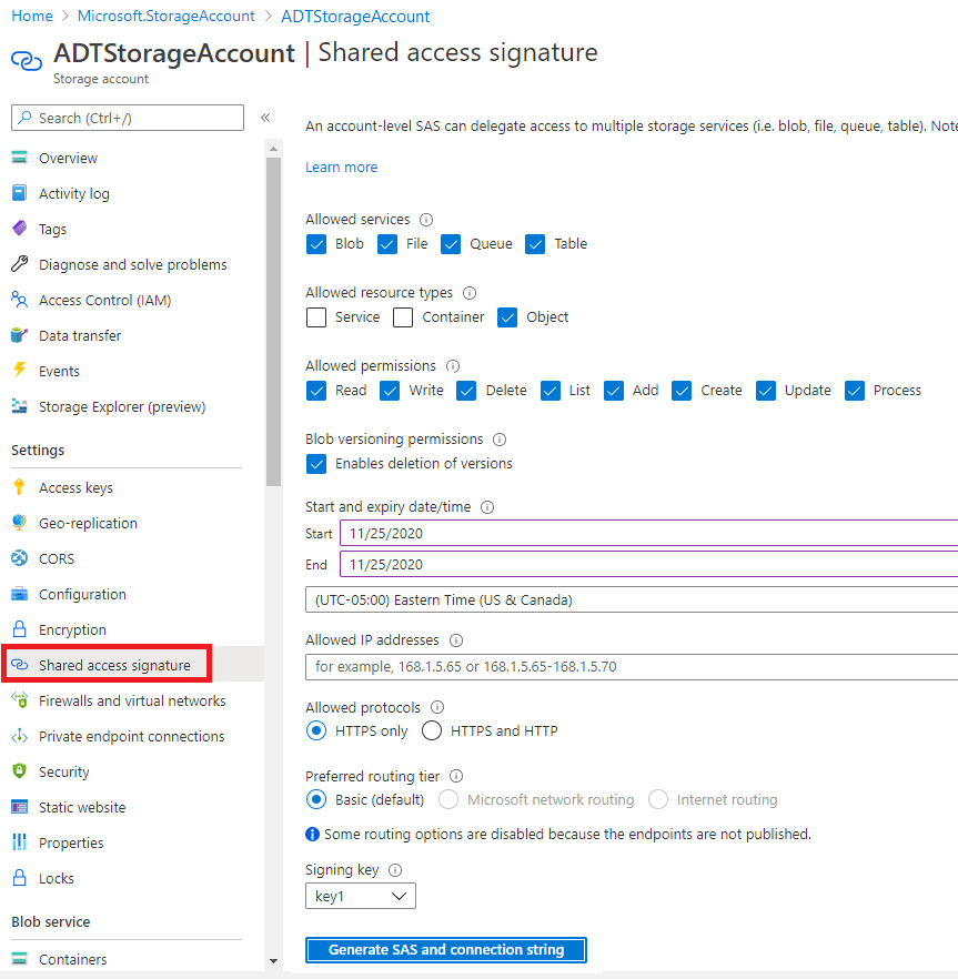 Capture d’écran de la page du compte de stockage dans le portail Azure