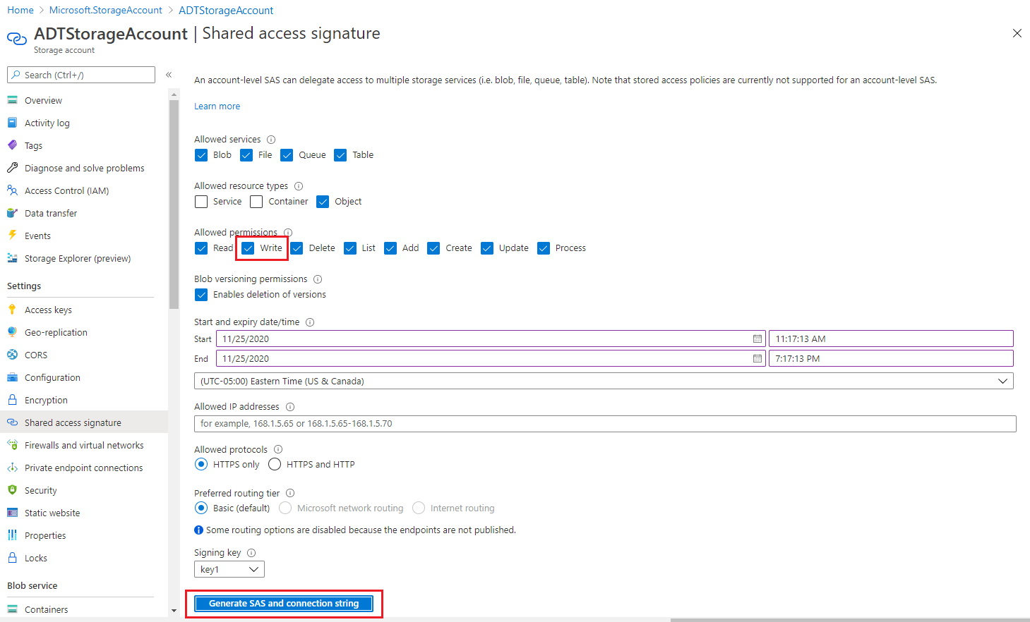 Capture d’écran de la page du compte de stockage dans le portail Azure, montrant toutes les sélections de paramètres pour générer un jeton SAS