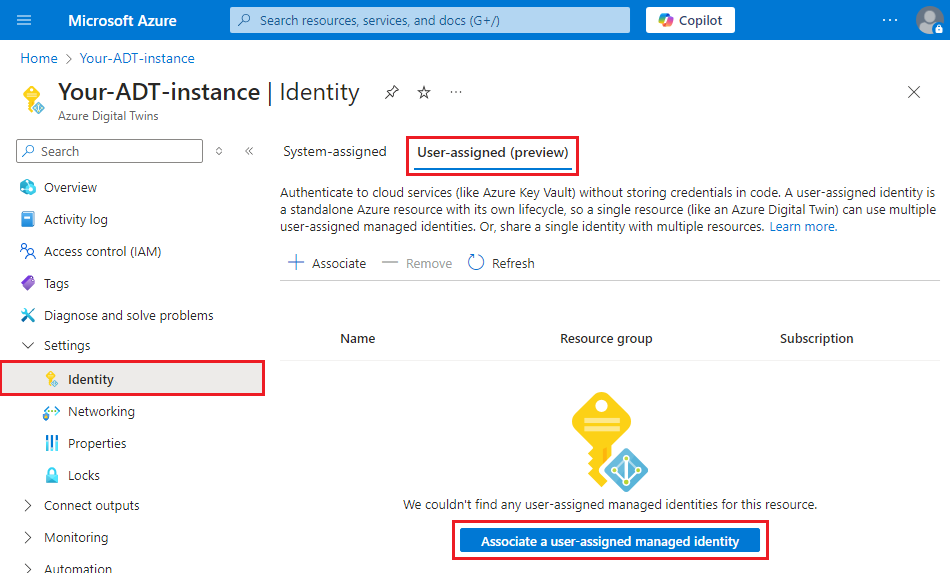 Capture d’écran du Portail Azure montrant la page Identité et les options affectée par l’utilisateur pour une instance Azure Digital Twins.