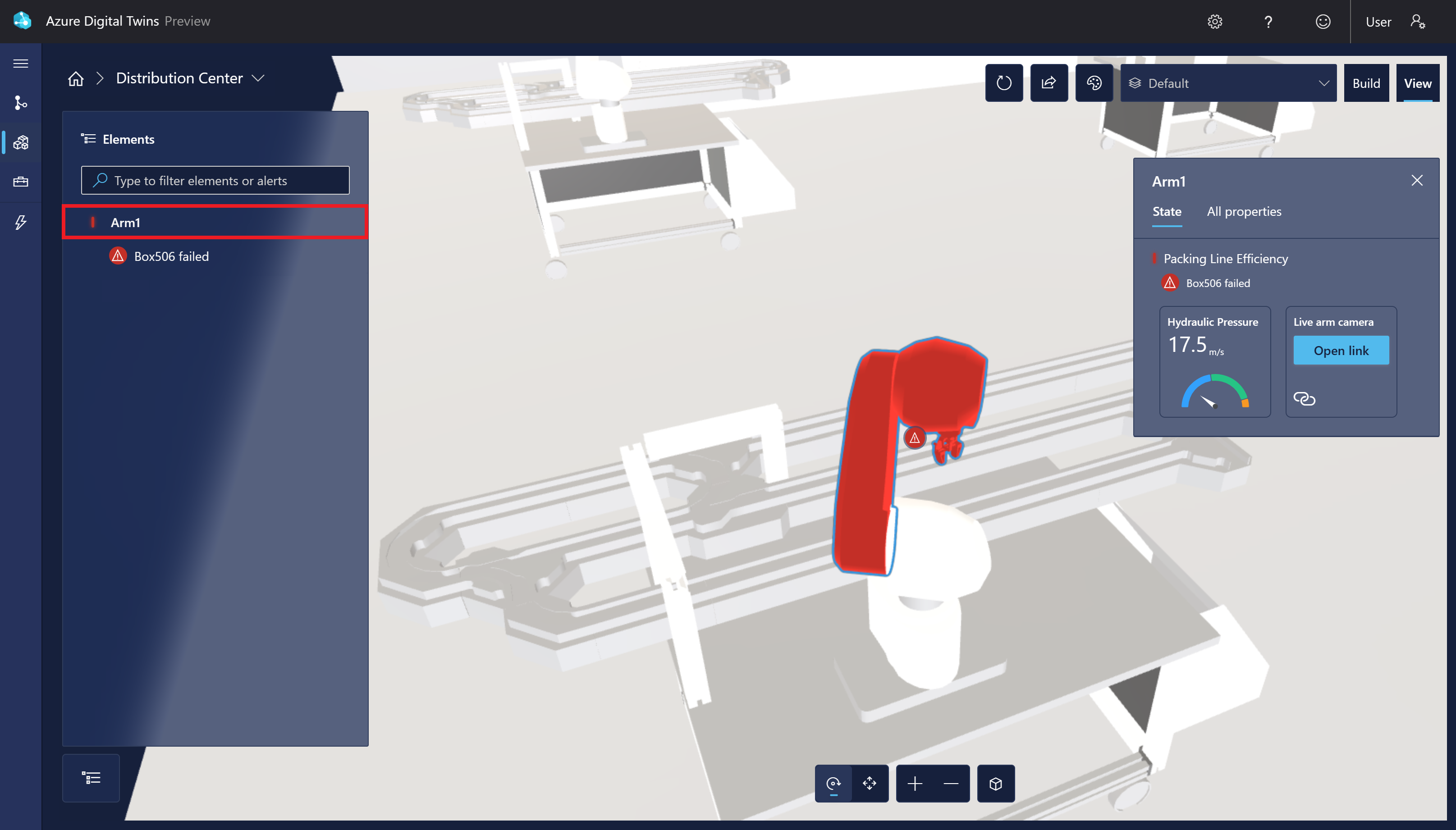 Capture d’écran de la scène d’usine dans 3D Scenes Studio, montrant la visionneuse pour le bras.