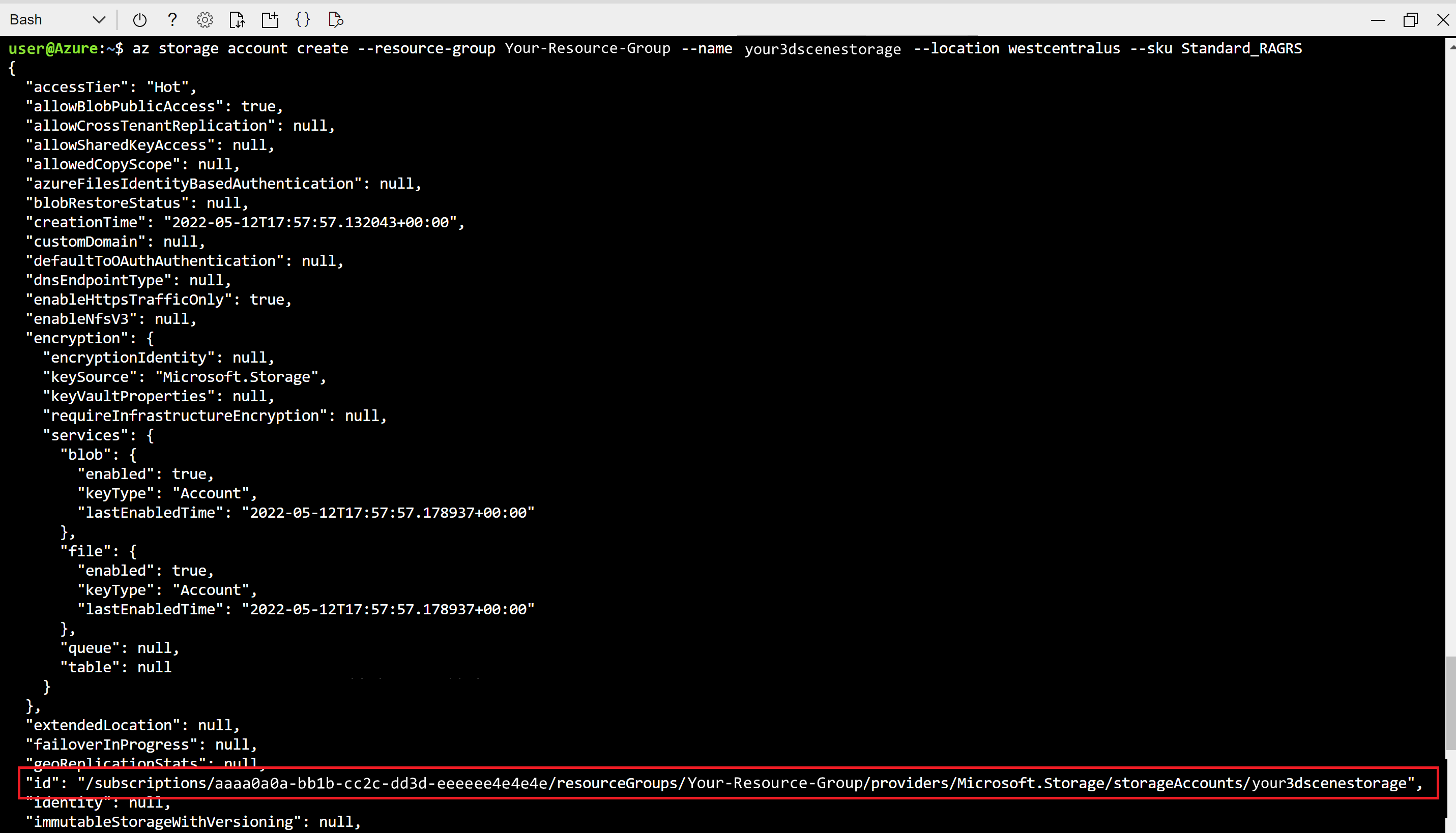 Capture d’écran de la sortie Cloud Shell. L’ID du compte de stockage est mis en évidence.