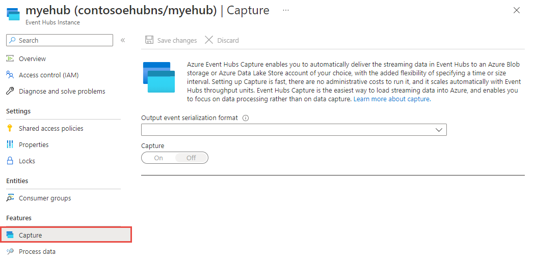 Capture d’écran montrant la page Capture de votre Event Hub.