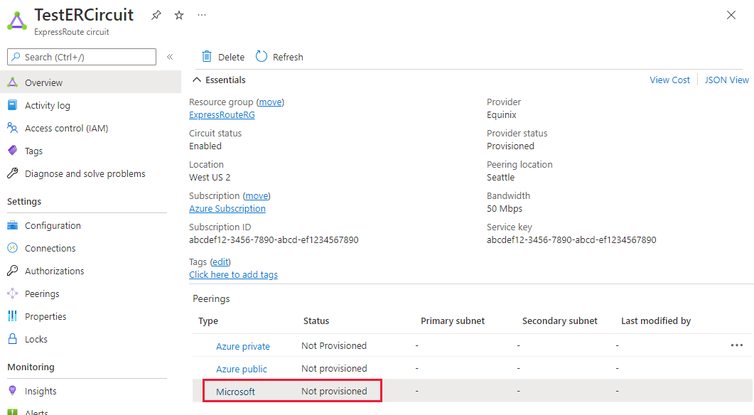 Capture d’écran montrant comment sélectionner la ligne de peering Microsoft.