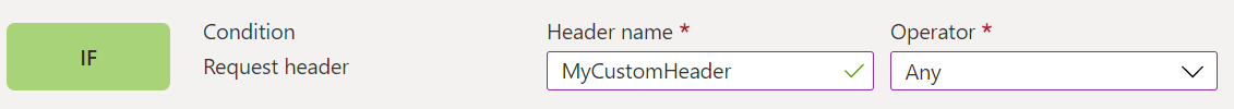 Capture d’écran du portail montrant la condition de correspondance request header.