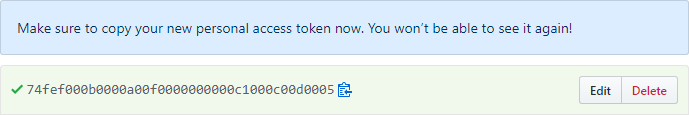 Capture d’écran du jeton d’accès personnel généré dans GitHub