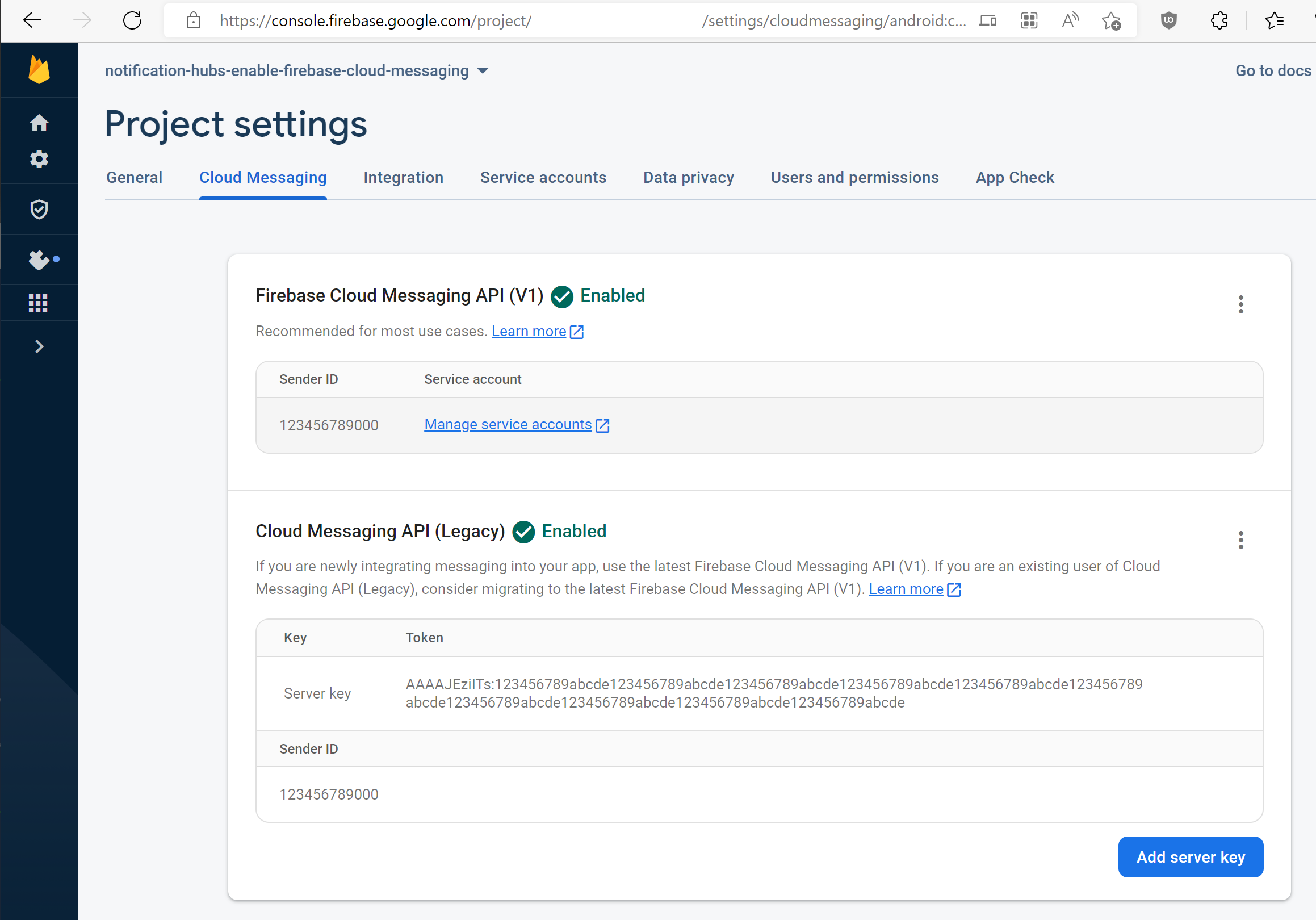 Capture d’écran montrant l’onglet Activer l’API Cloud Messaging (héritée).