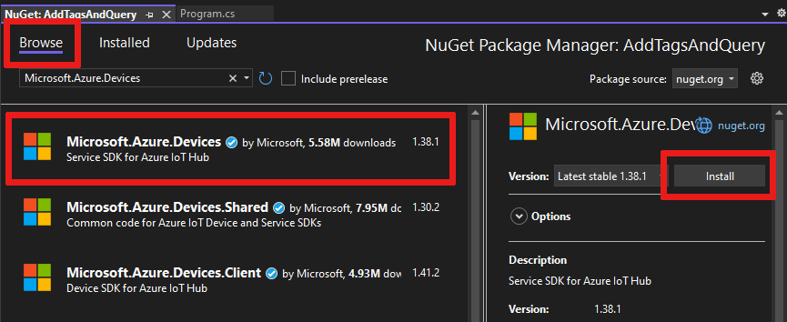 Fenêtre du gestionnaire de package NuGet