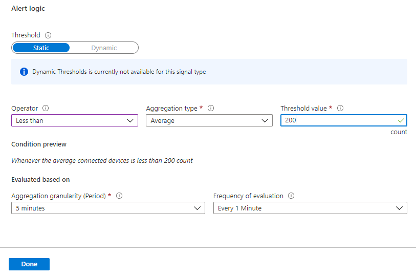 Paramètres de logique d’alerte pour la métrique des appareils connectés.