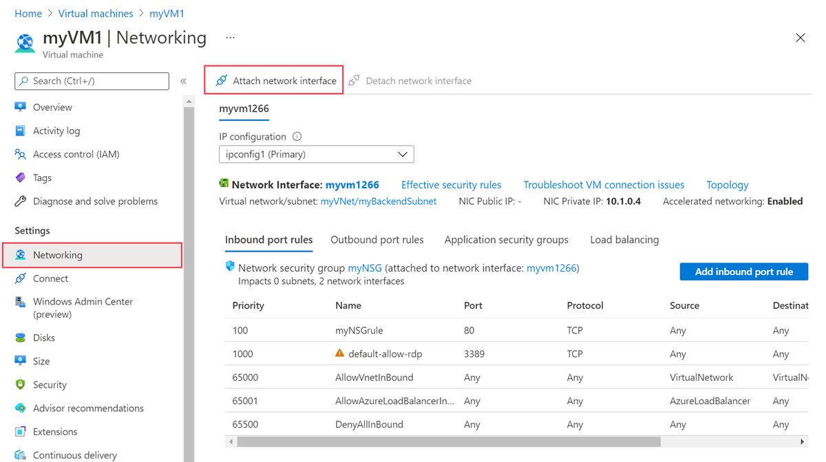 Capture d’écran de l’option Attacher l’interface réseau pour myVM1.