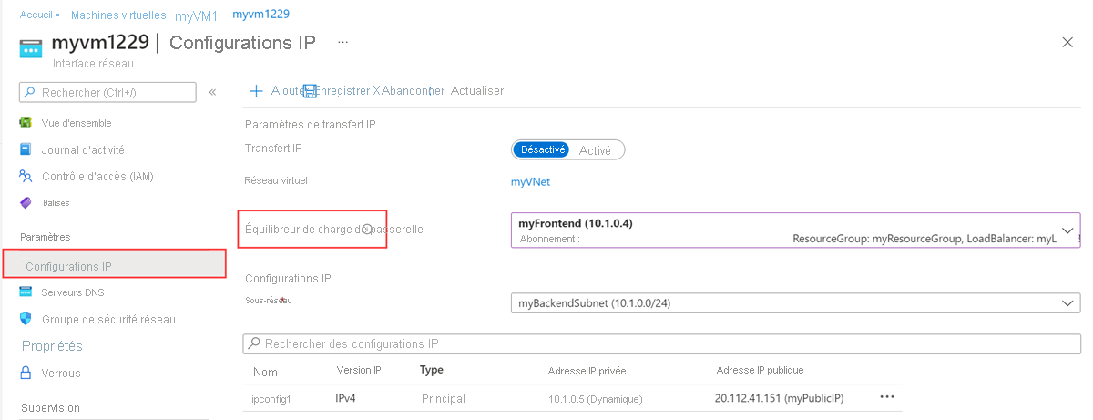 Capture d’écran de la configuration IP de la carte d’interface réseau.