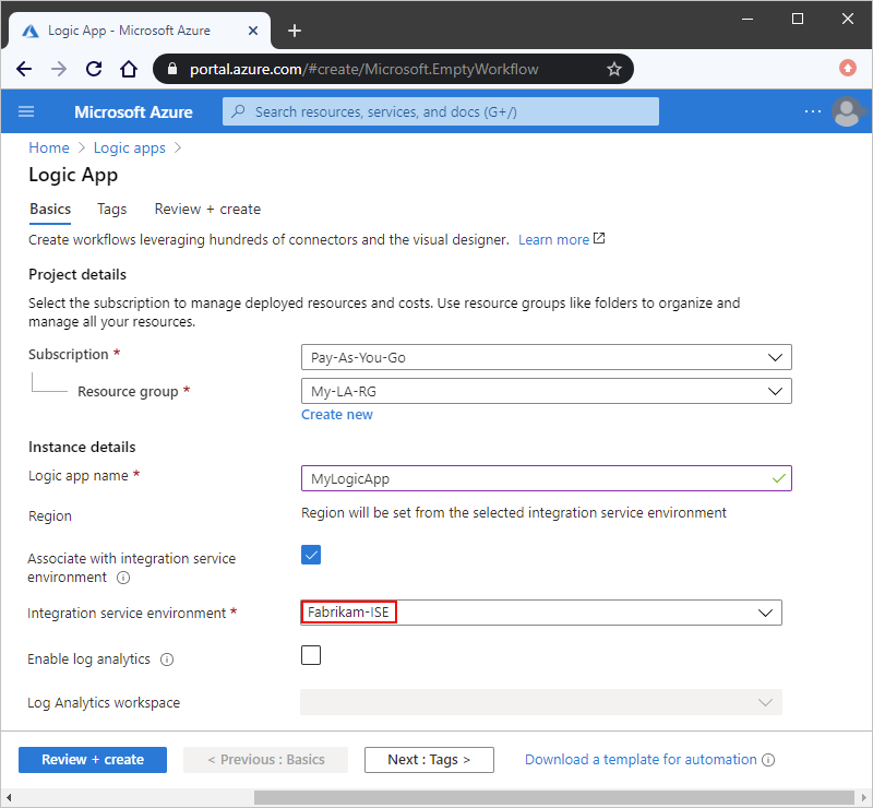 Capture d’écran montrant le portail Azure avec l’environnement de service d'intégration sélectionné.