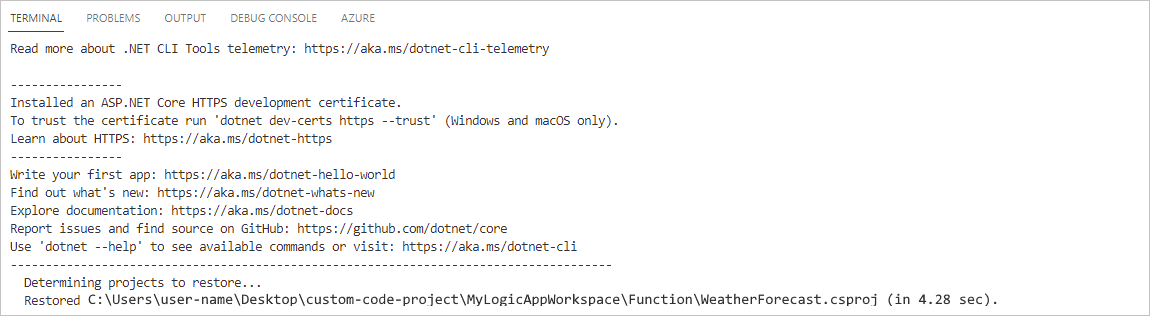 Capture d’écran montrant Visual Studio Code, la fenêtre Terminal, et la commande dotnet restore complétée.