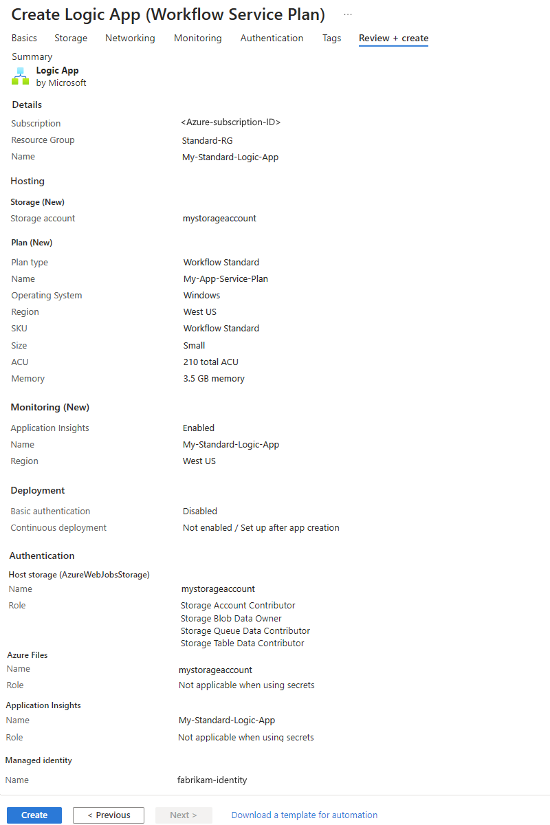 Capture d’écran montrant le portail Azure et les nouveaux paramètres de la ressource d’application logique.