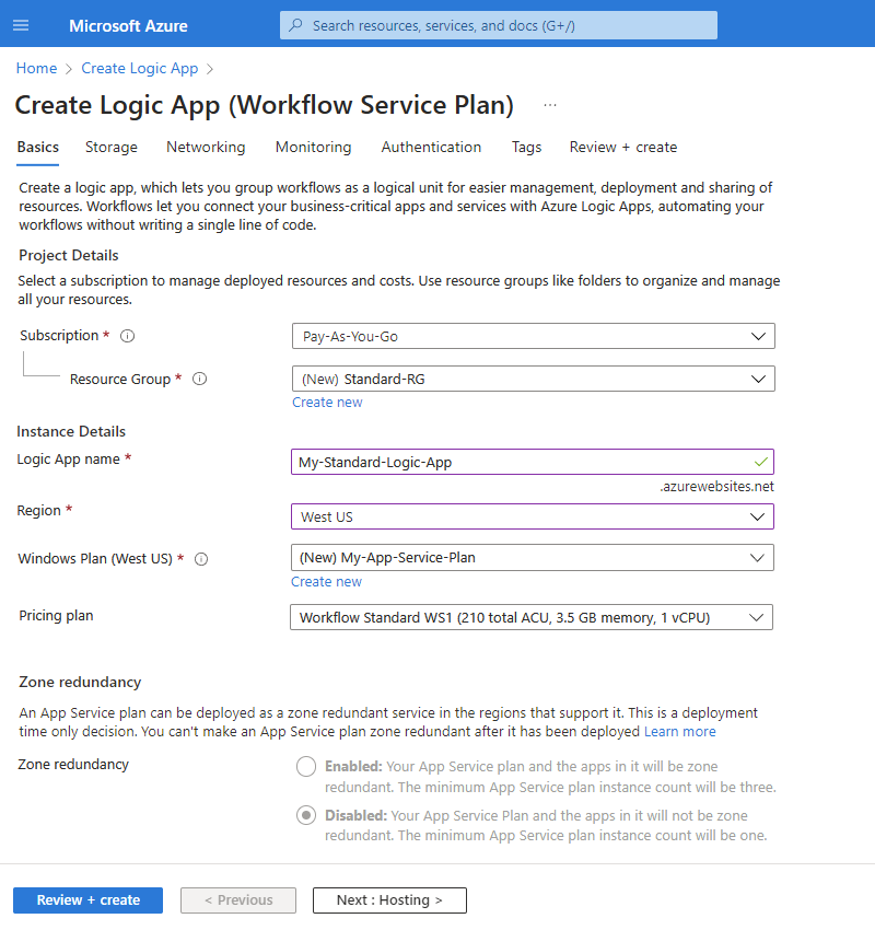 Capture d’écran montrant le portail Azure et la page Créer un plan de service de flux de travail d’application logique.