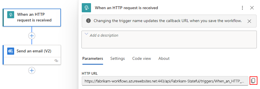 Capture d’écran montrant le concepteur avec le déclencheur Requête et l’URL du point de terminaison dans la propriété « HTTP POST URL ».