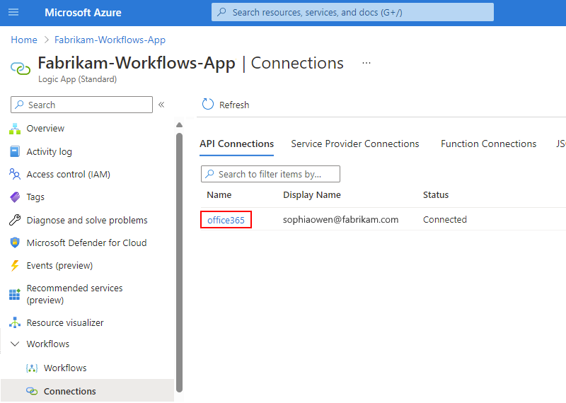 Capture d’écran montrant le portail Azure et le menu de l’application logique avec « Connexions » et le nom de ressource de la connexion « office365 » sélectionnés.