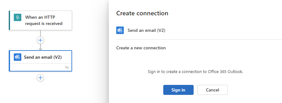 Capture d’écran montrant le concepteur, le volet nommé Envoyer un e-mail (V2) avec le bouton Se connecter.