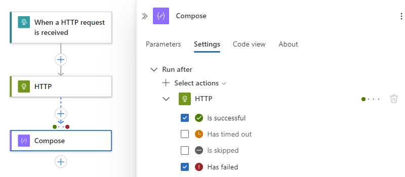 Capture d’écran montrant l’exécution actuelle après l’échec du comportement défini sur Has failed.