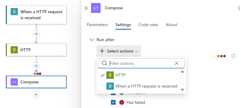 Capture d’écran montrant l’action actuelle et plusieurs actions prédécesseurs disponibles.