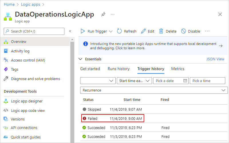 Capture d’écran montrant le portail Azure avec l’historique des déclencheurs du workflow d’application logique Consommation.